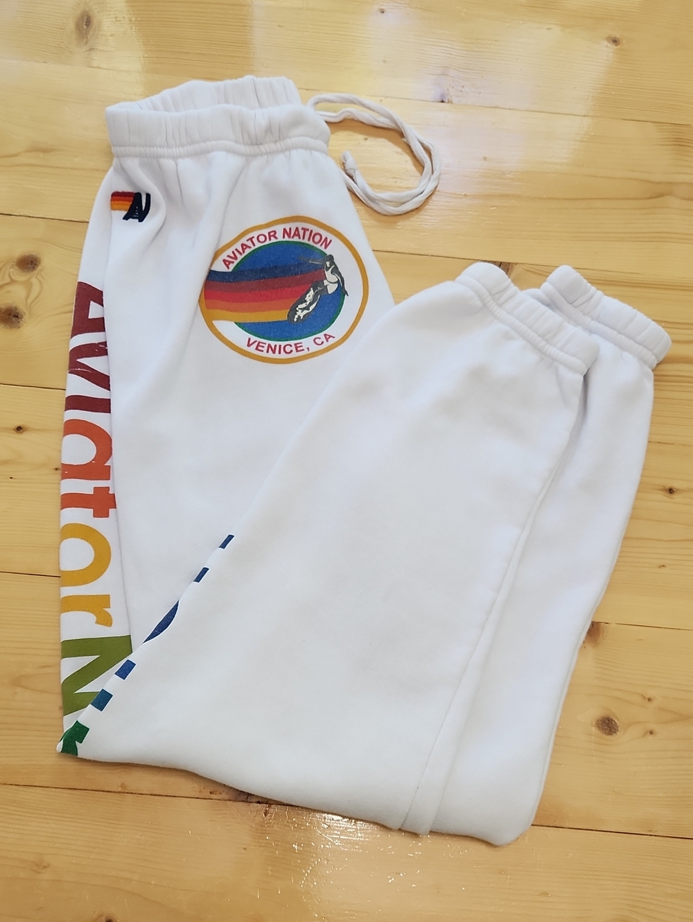 Aviator Nation White Rainbow Logo Graphic Sweatpants Venice Size S